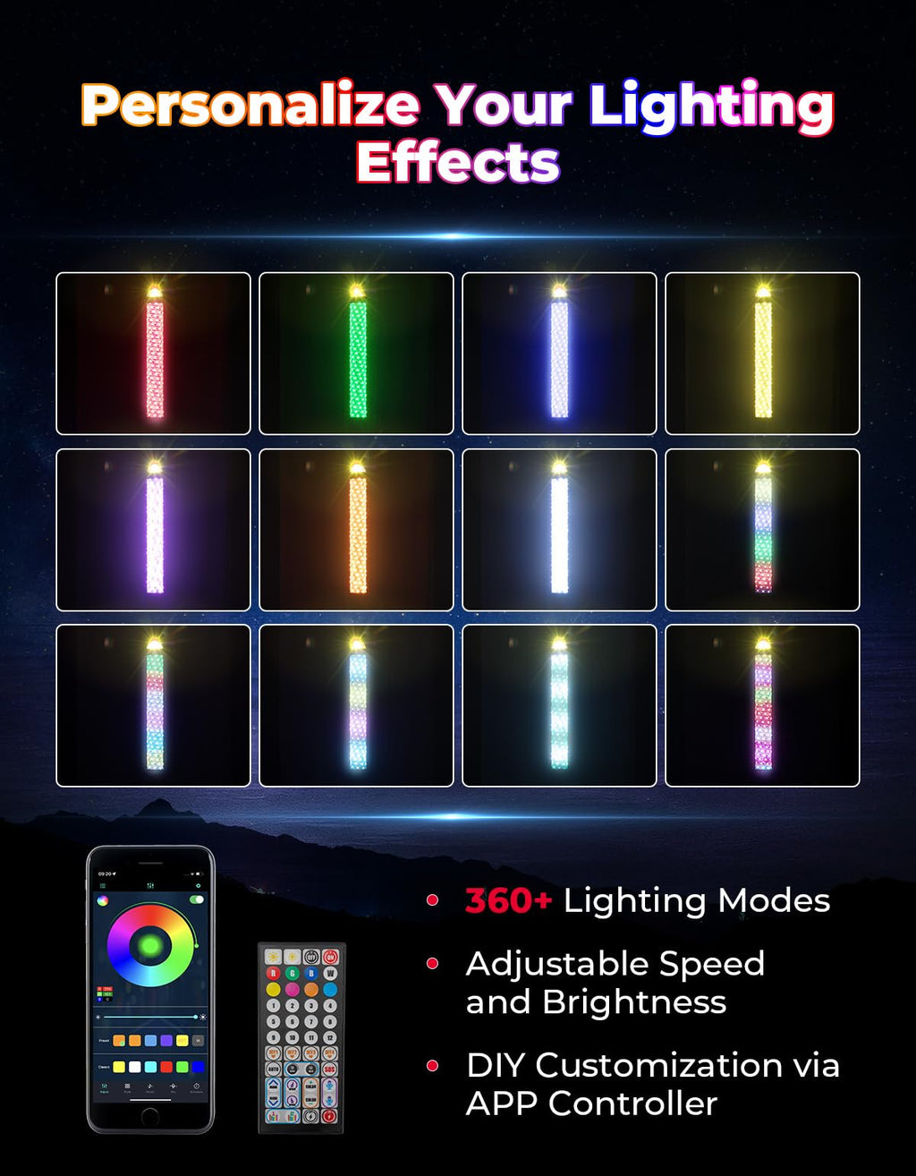 KEMIMOTO 2PCS Fat Whip Lights with Warning Light, LED Whip Lights for Side by Side, Spiral RGB Chasing Lighted Whips Compatible with UTV ATV Can-Am X3 Polaris RZR Offroad Boating, Remote & APP Control