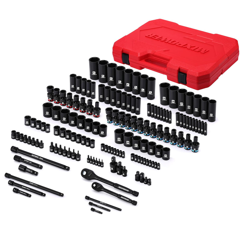 MIXPOWER 153 Pieces 1/4"&3/8"&1/2" Drive Mechanic Tool Set,Metric/SAE,6-Point,Deep and Shallow Sockets,Impact Universal Joint Swivel Sockets,Impact Socket Extension Bar