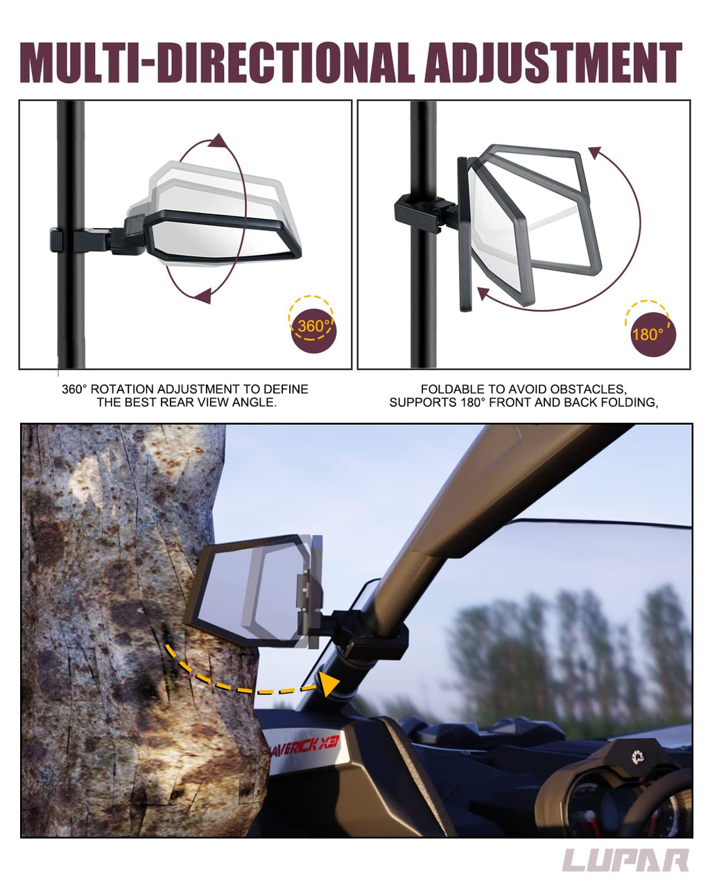 Lupar Aluminum UTV Side Mirrors Fits 1.75"-2" Roll Cage Bar America USA Flag Pattern Side Rear View Mirror for Polaris RZR XP Turbo Can-Am Maverick X3 Yamaha Talon Kawasaki Pioneer