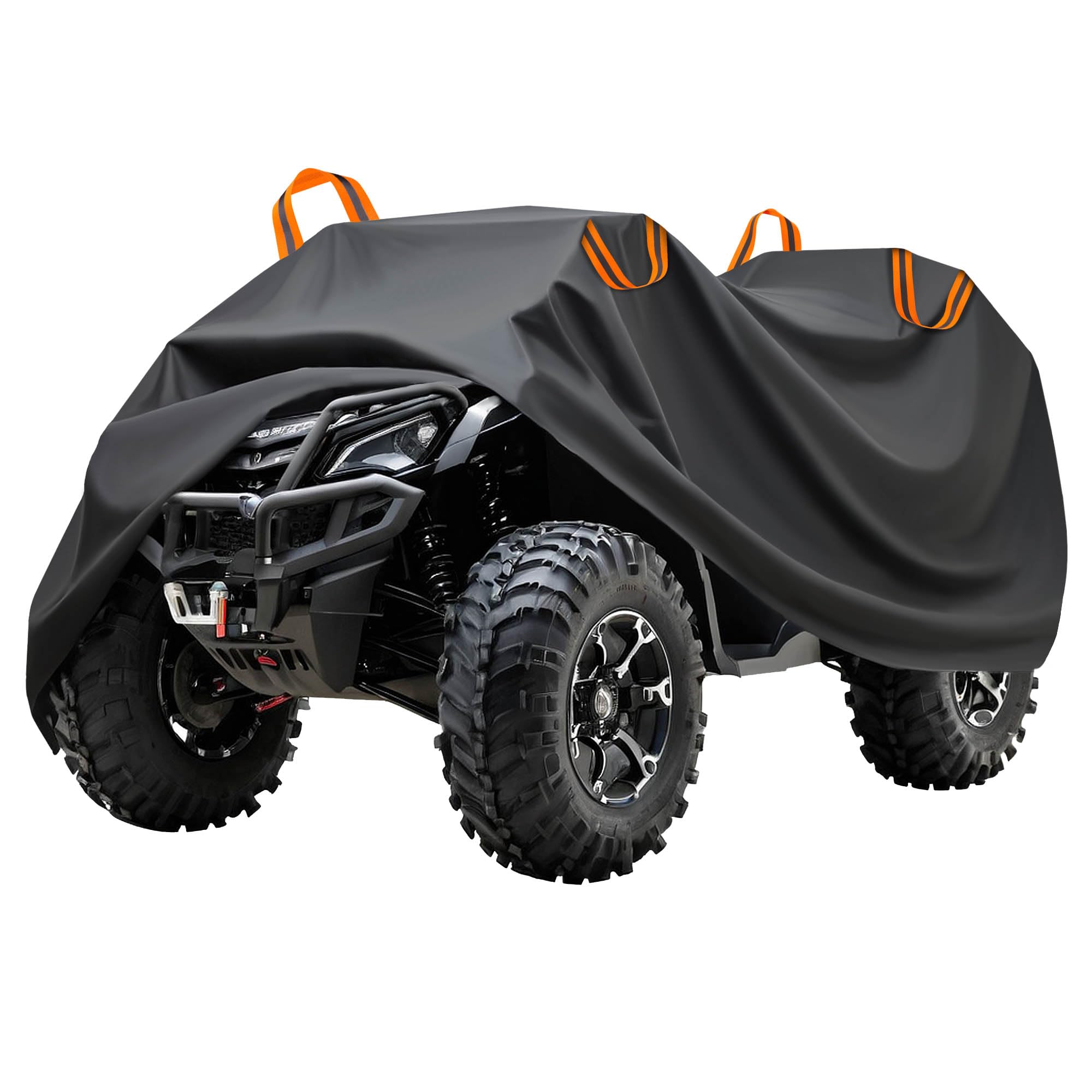 ATV cover for four-wheeler in dark gray with orange tie-down straps
