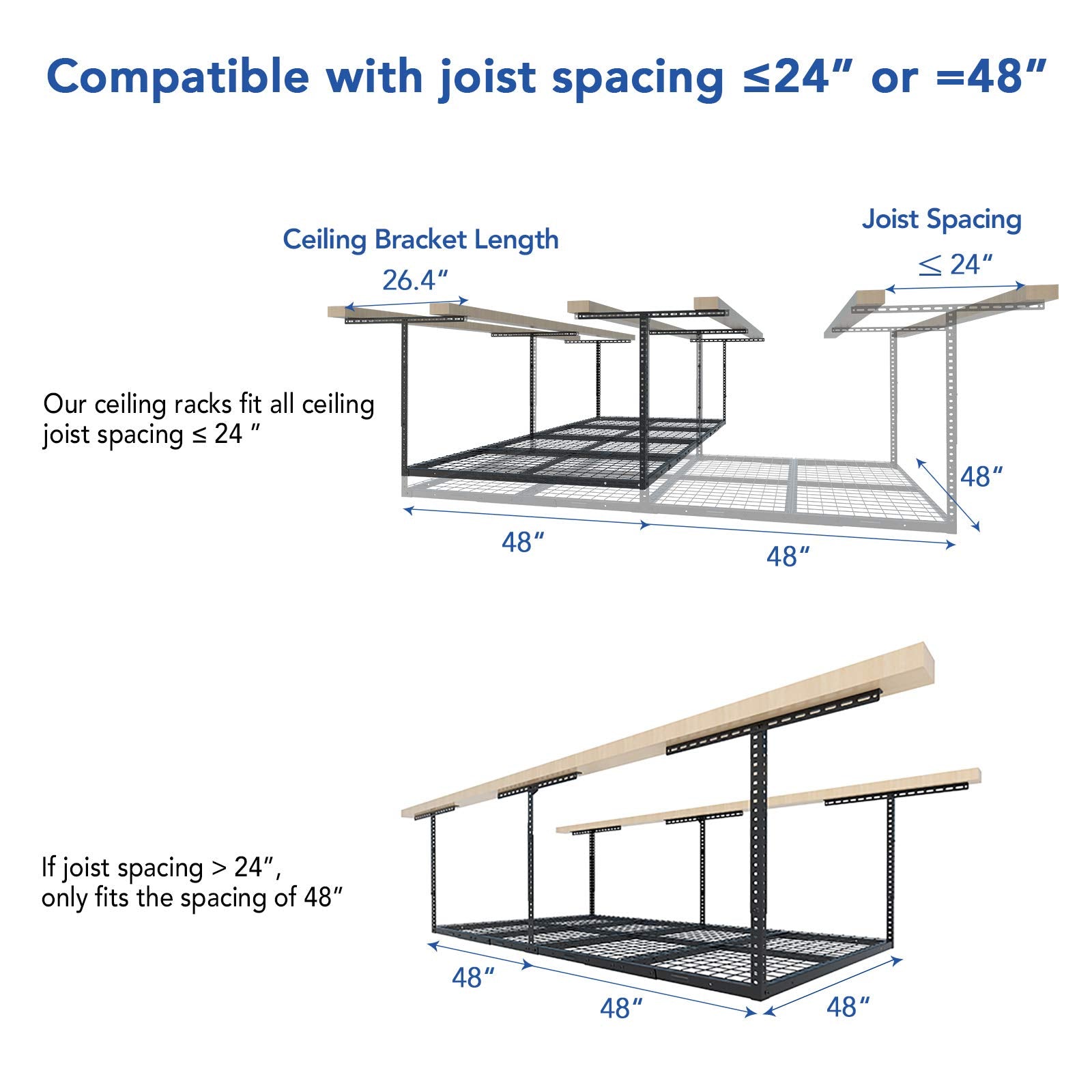 FLEXIMOUNTS 4x8 Overhead Garage Storage Rack, Adjustable Organization System, Heavy-Duty Metal Ceiling Racks, 750lbs Weight Capacity, Black, Classic Series