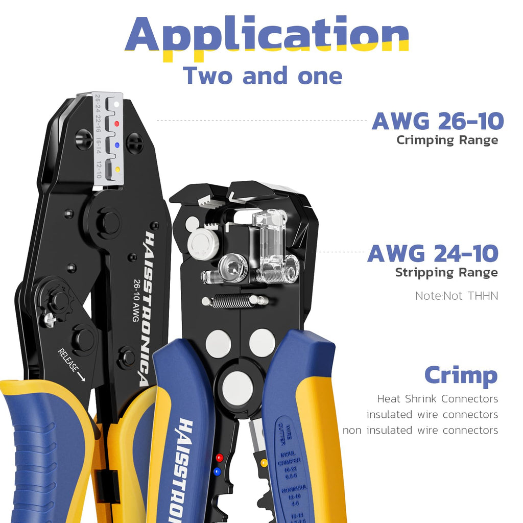 haisstronica Wire Stripper and Crimping Tool,AWG 24-10 Automatic Stripper Tool with AWG 26-10 Ratchet Wire Crimper For Heat Shrink Connectors