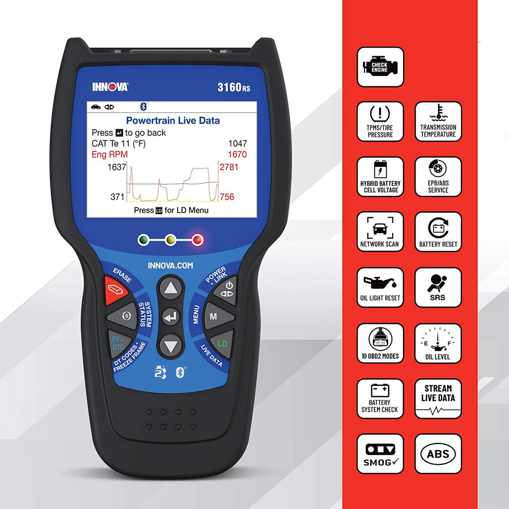INNOVA 3160RS OBD2 Scanner, ABS Brake Bleeder, ABS SRS Engine Transmission Diagnoses, Clear Trouble Codes, Car Battery Tester & Alternator Tester, Battery Reset, Fix & Parts Recommendations