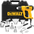 DEWALT heat gun kit with yellow handle, LCD, and black hard case with metal nozzles