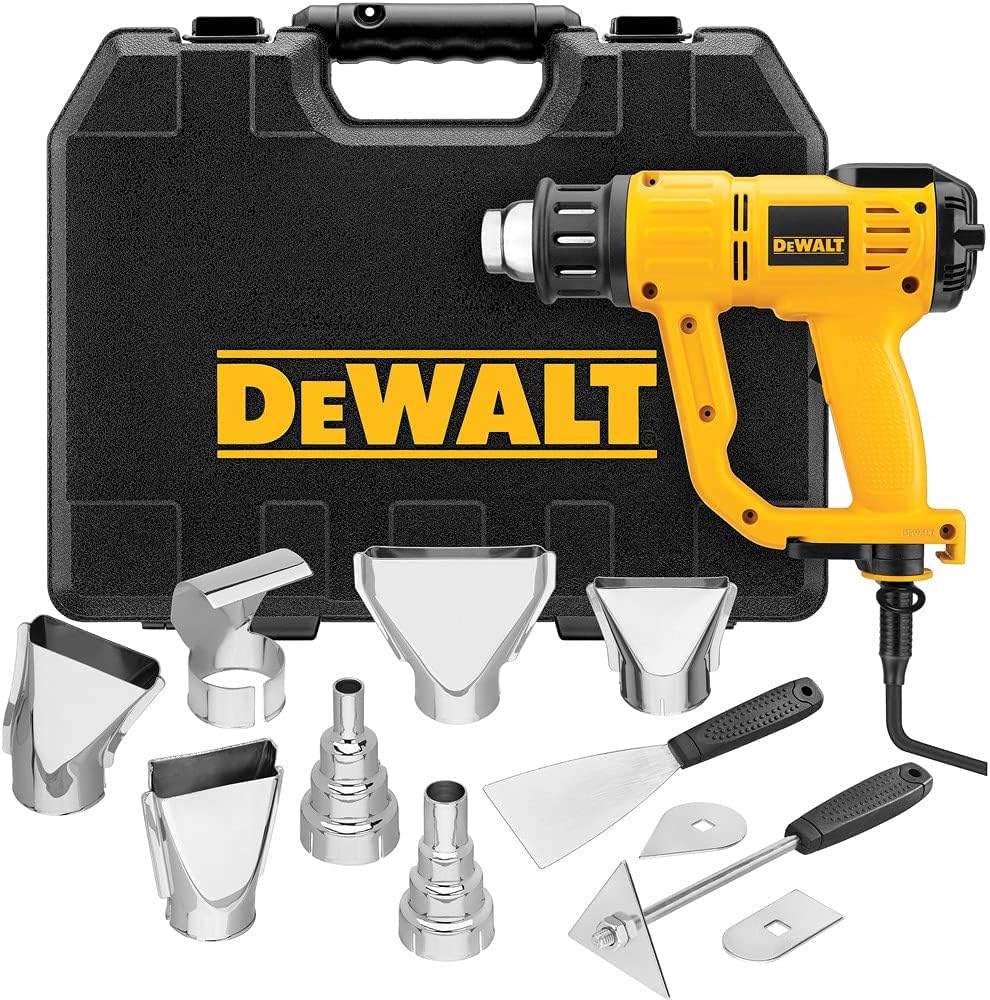 DEWALT heat gun kit with yellow handle, LCD, and black hard case with metal nozzles
