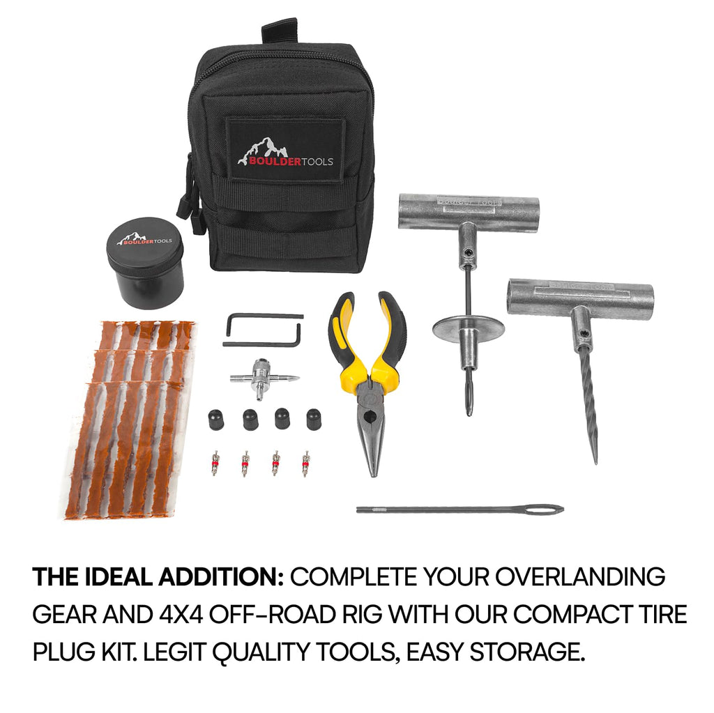 Boulder Tools Compact Tire Repair Kit with Molle Storage Pouch. Heavy Duty Universal Tire Plug Kit, Ideal for Motorcycle, ATV, Overlanding Gear, and Car Essentials - Reliable Roadside Tool Kit
