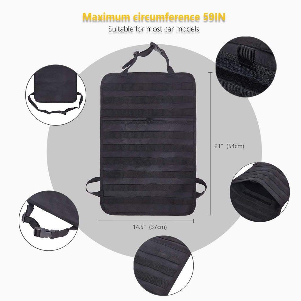 Universal Tactical Car Seat Back Organizer Bag Tactical Molle Vehicle Organizers Panel Vehicle Protector Organizers with 5 Detachable Pouches for Car Truck Ford Jeep (Black)