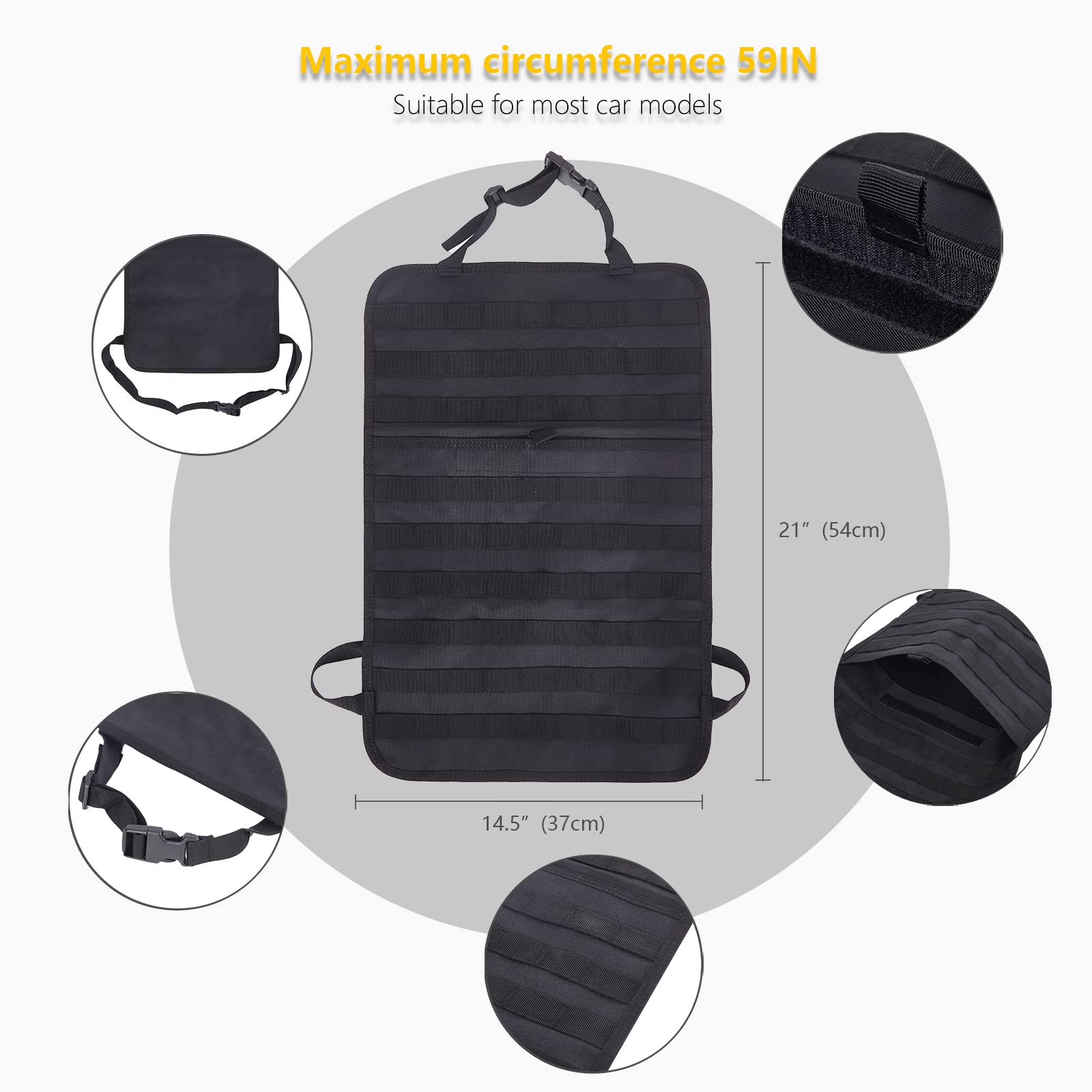 Universal Tactical Car Seat Back Organizer Bag Tactical Molle Vehicle Organizers Panel Vehicle Protector Organizers with 5 Detachable Pouches for Car Truck Ford Jeep (Black)