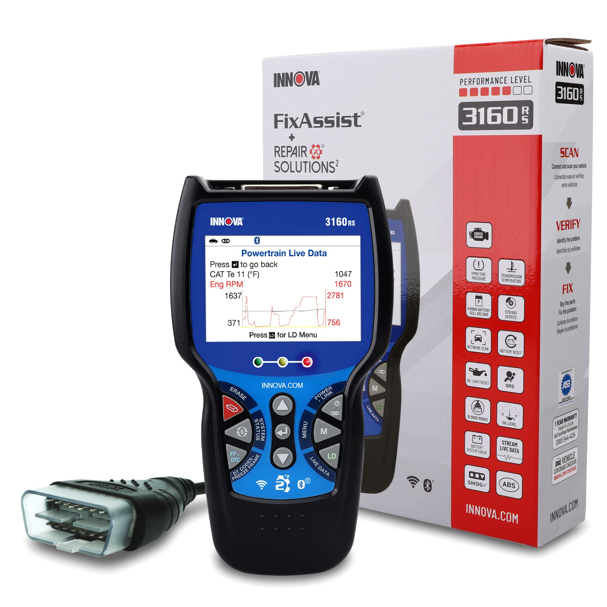 INNOVA 3160RS OBD2 Scanner, ABS Brake Bleeder, ABS SRS Engine Transmission Diagnoses, Clear Trouble Codes, Car Battery Tester & Alternator Tester, Battery Reset, Fix & Parts Recommendations