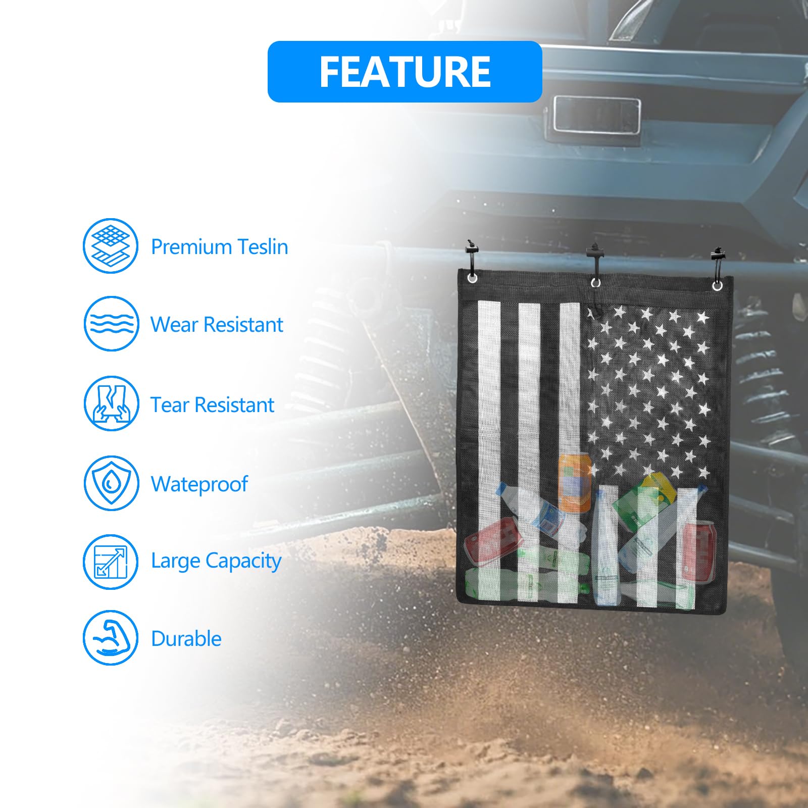 Universal Trash Sack ATV UTV Mesh Trash Bag Large Storage Bag Teslin Compatible with Polaris RZR, CFMOTO, Can-Am, Teryx, Arctic Cat, Golf Cart, Pioneer, Boat(American Flag Print)