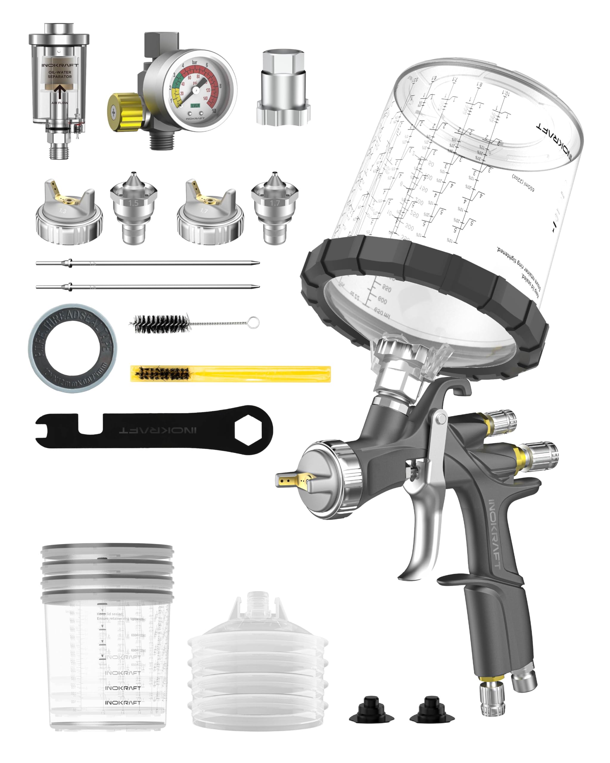 InoKraft D1 LVLP Air Spray Gun Premium Kit with 22 Ounce Disposable Paint Cups, Easy to Use, Paint Gun for Cars & House DIY Painting, 1.3/1.5/1.7mm Nozzles, with Paint Sprayer Accessories