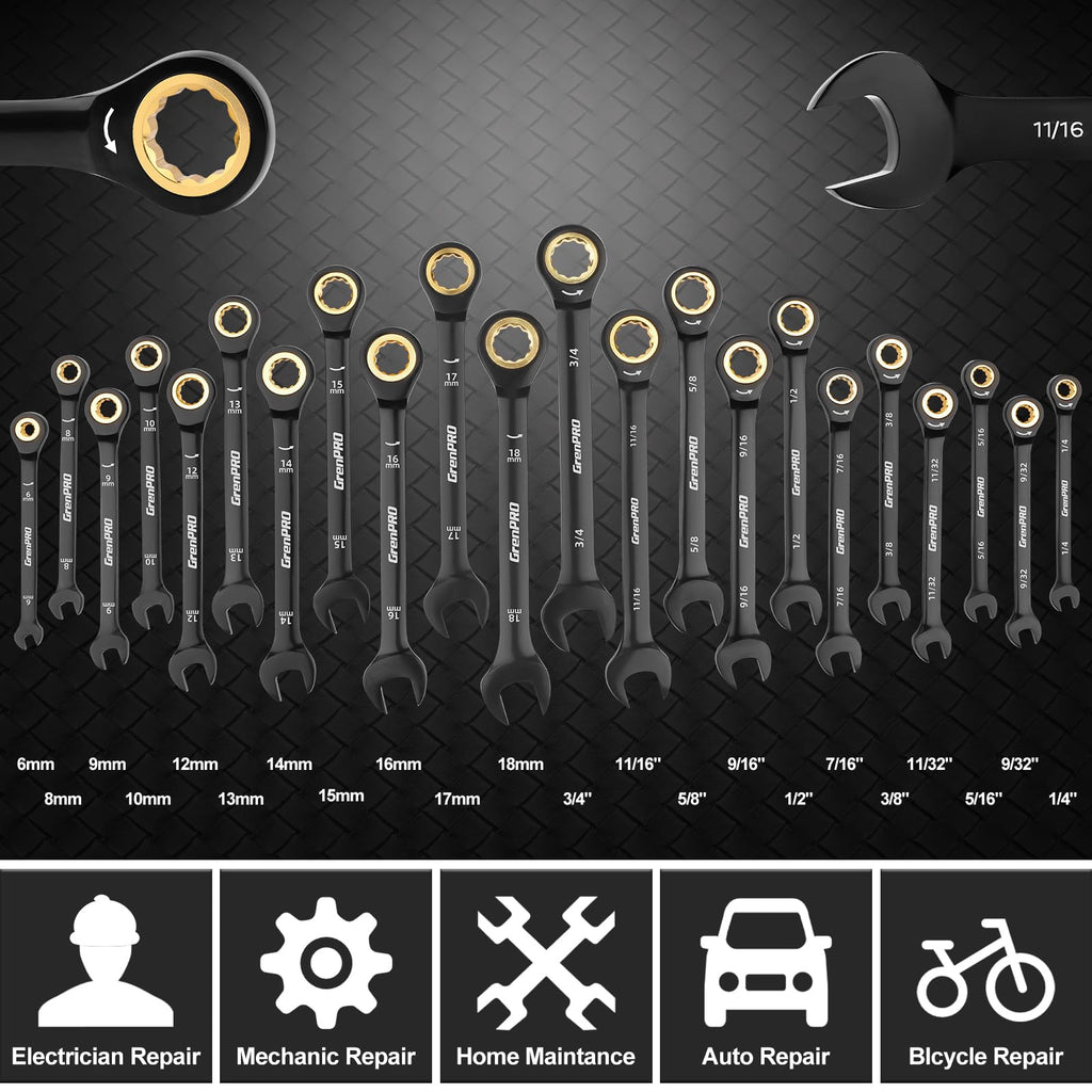 GRENPRO Ratcheting Wrenches Set, Combination Wrench Sets With Organizer Box, 23PC SAE & Metric And Standard, 1/4" to 3/4" & 6-18mm, Open End Wrench Set, Electrophoretic Coating Sock Mechanic Tools