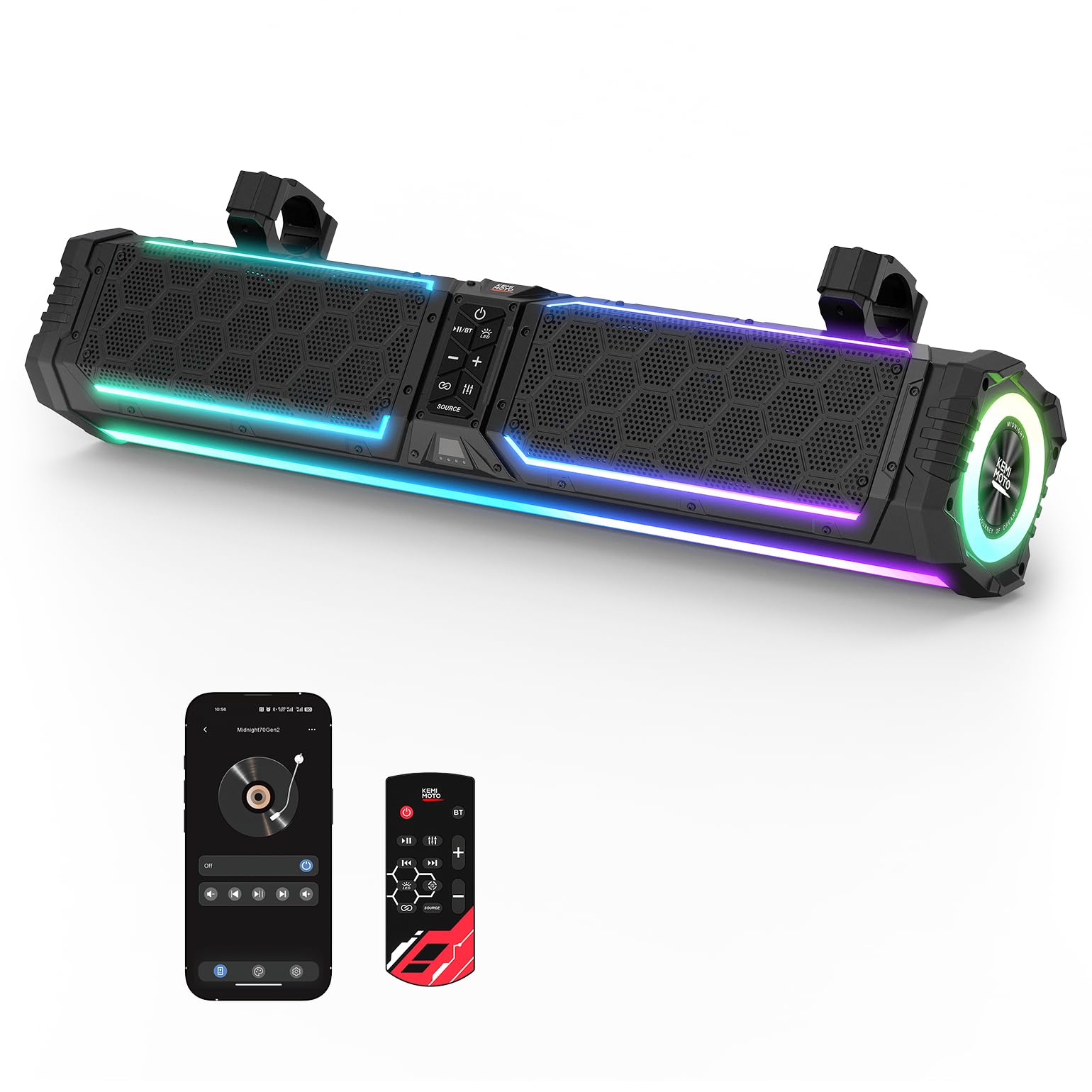 KEMIMOTO Midnight 70 Gen2 28-inch 8 Speaker UTV Sound Bar, IP66 Water Resistant Golf Cart Sound Bar Speaker System with RGB, SxS Soundbar Compatible with Polaris RZR Can-Am