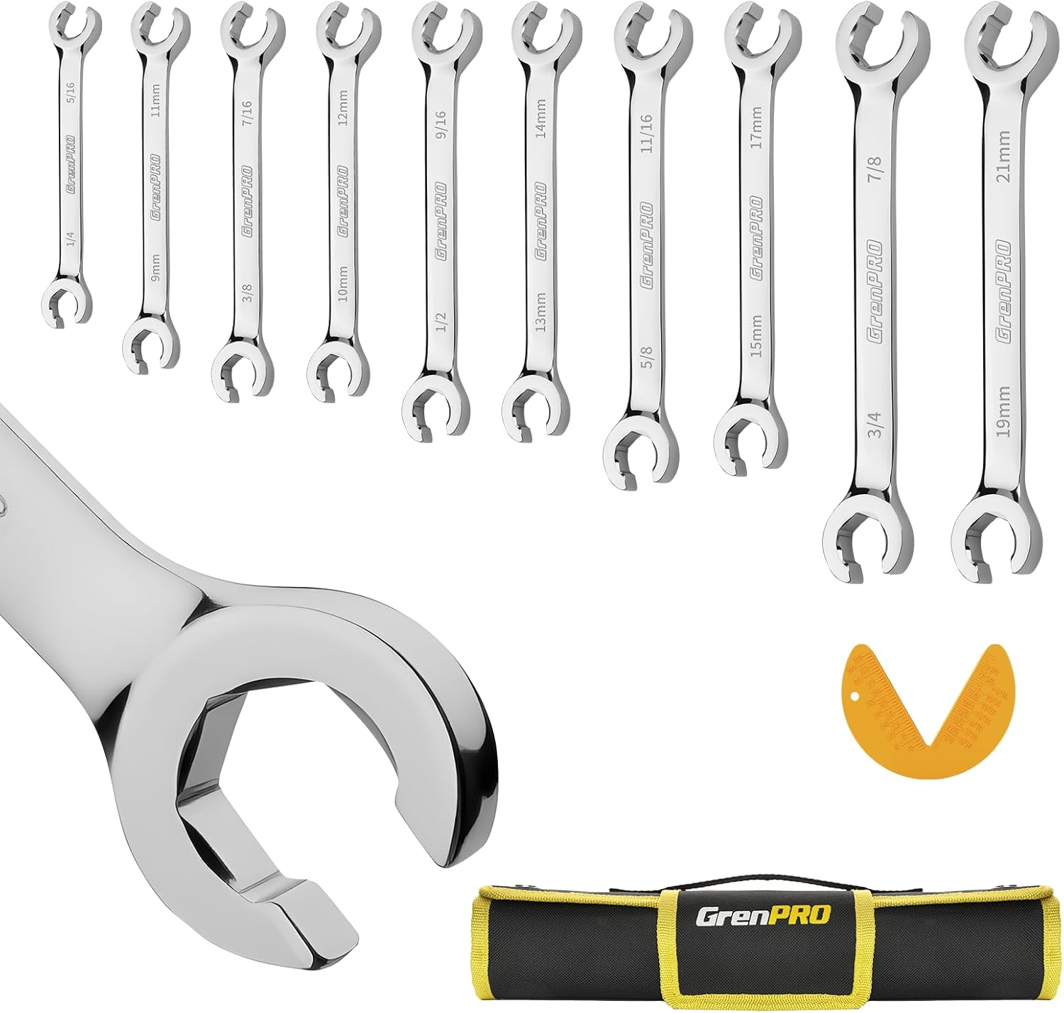 GRENPRO 6-Point Flare Nut Wrench Set – 10Pcs CR-V Steel Brake Line Wrench Kit for Cars & Trucks,