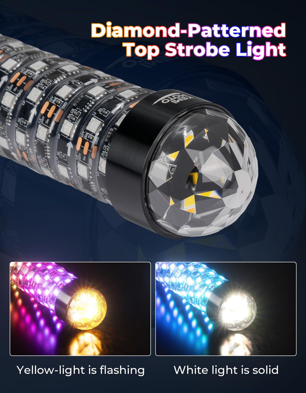 KEMIMOTO 2PCS Fat Whip Lights with Warning Light, LED Whip Lights for Side by Side, Spiral RGB Chasing Lighted Whips Compatible with UTV ATV Can-Am X3 Polaris RZR Offroad Boating, Remote & APP Control