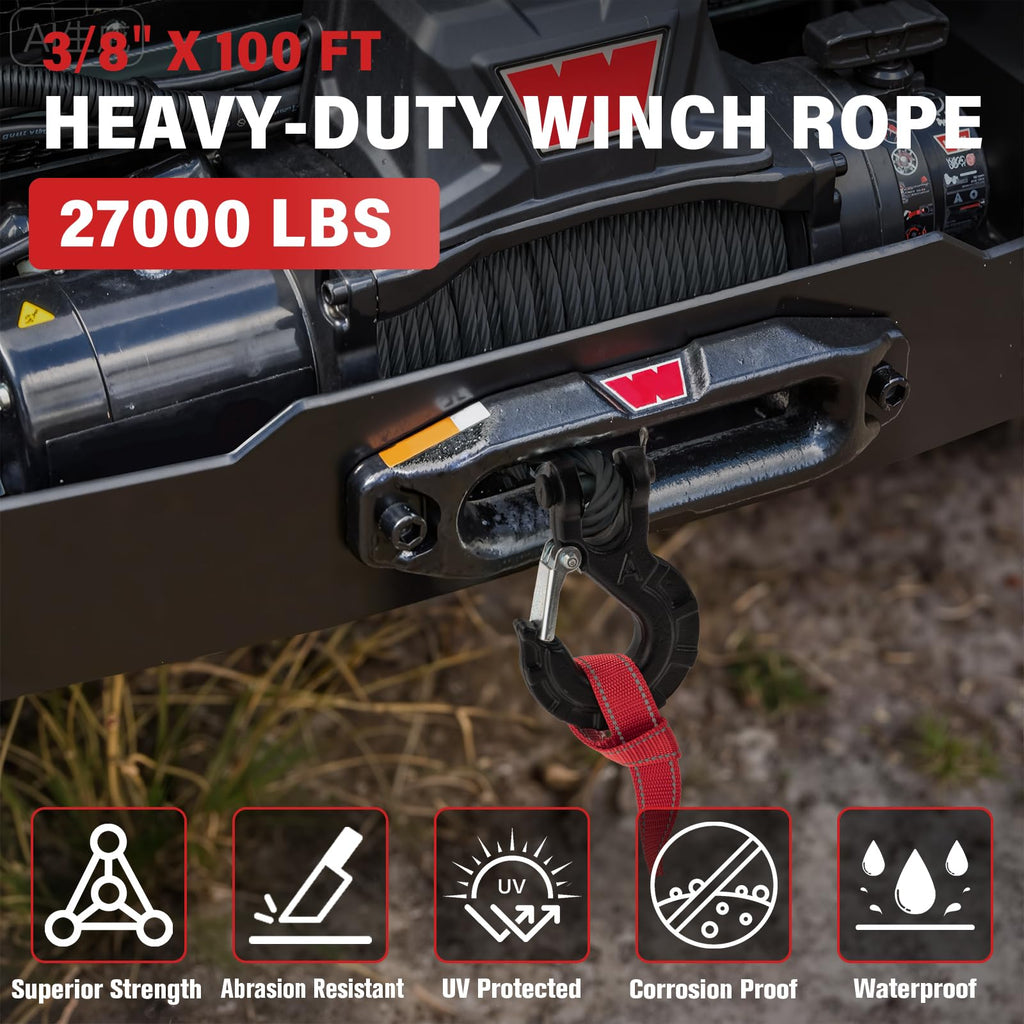 HOKINETY Synthetic Winch Rope Kit - 3/8" x 100' 27000 lbs Synthetic Winch Cable for ATV UTV Off-Road Vehicles with Forged Hook, Protective Sleeve and Safety Pull Strap - Black