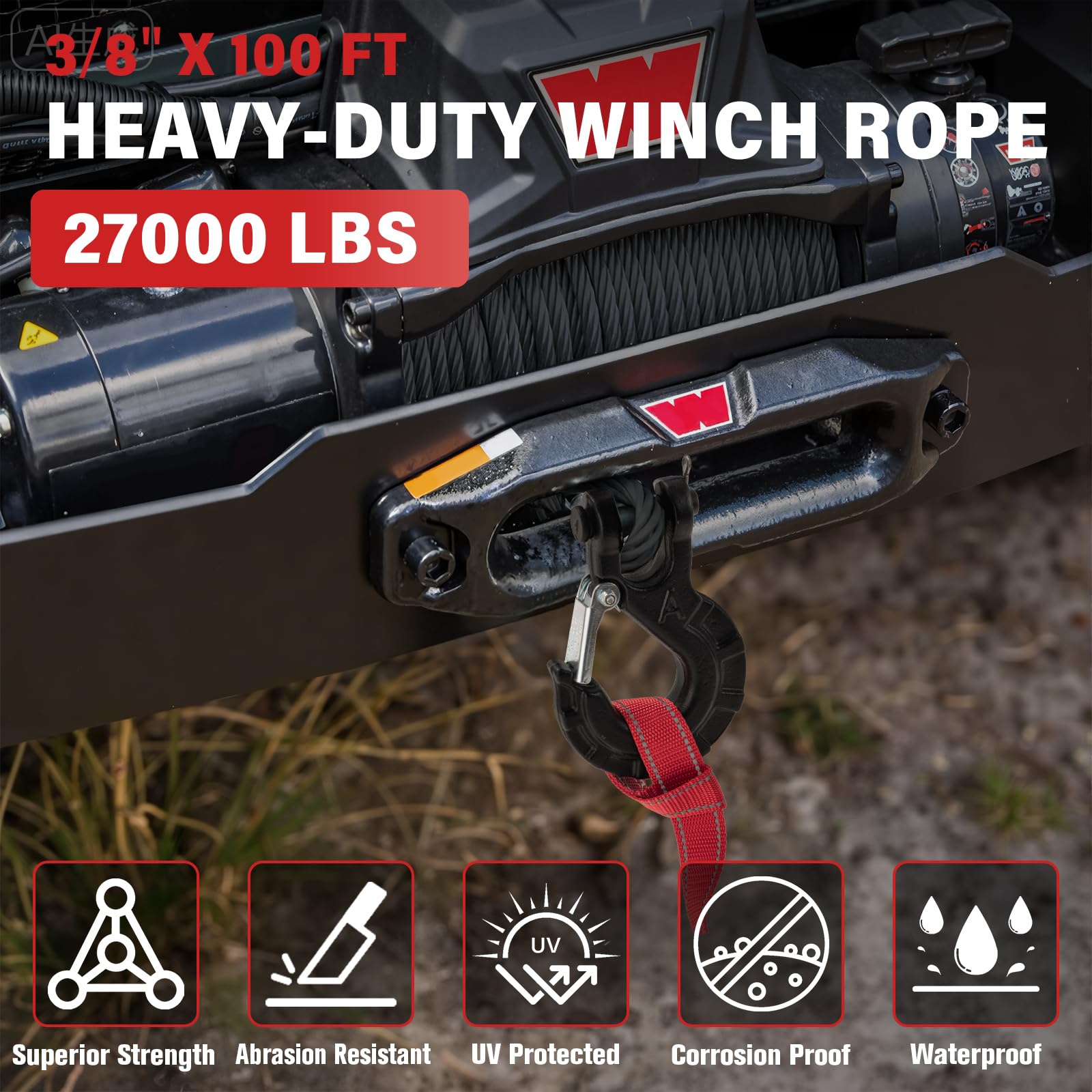 HOKINETY Synthetic Winch Rope Kit - 3/8" x 100' 27000 lbs Synthetic Winch Cable for ATV UTV Off-Road Vehicles with Forged Hook, Protective Sleeve and Safety Pull Strap - Black