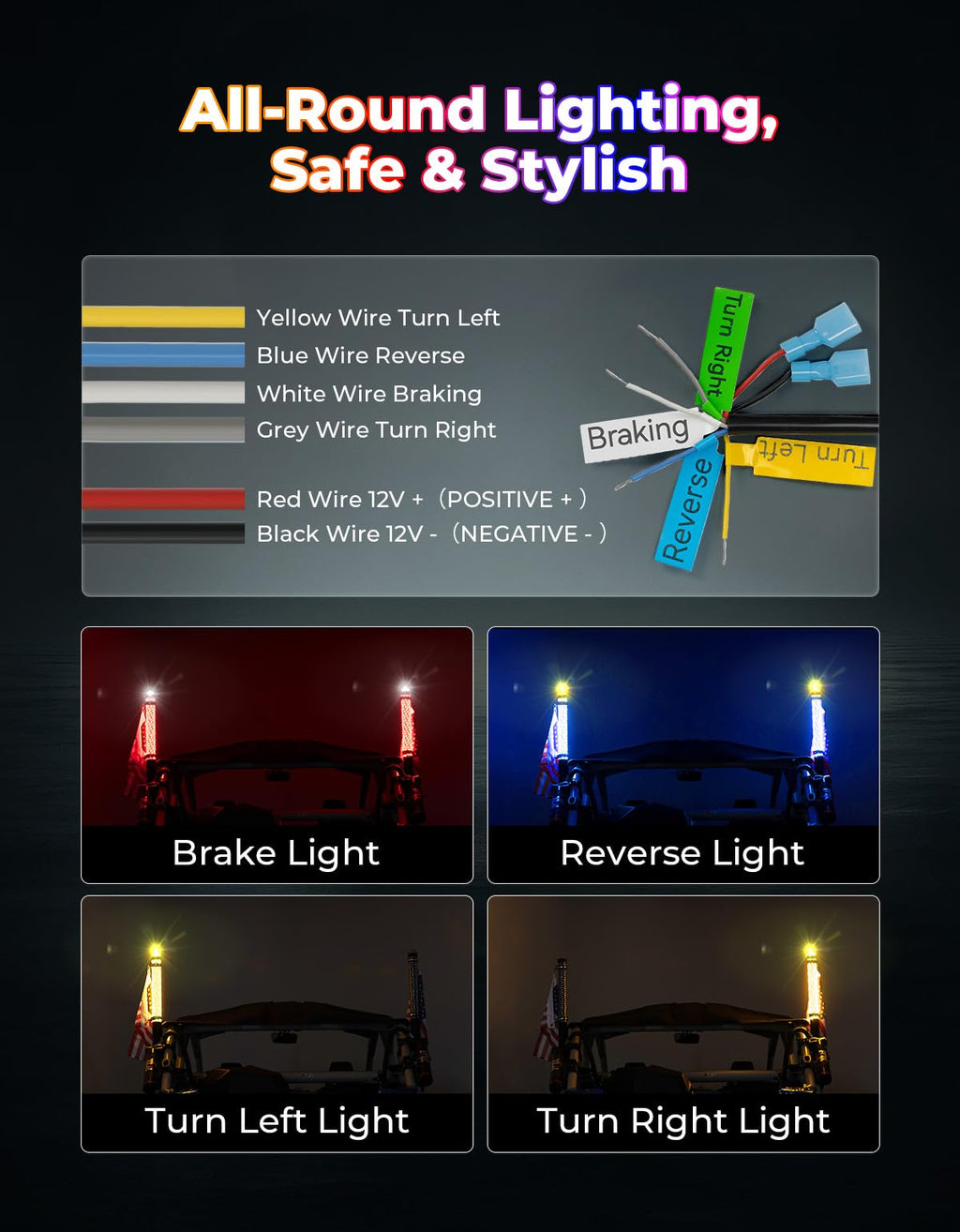 KEMIMOTO 2PCS Fat Whip Lights with Warning Light, LED Whip Lights for Side by Side, Spiral RGB Chasing Lighted Whips Compatible with UTV ATV Can-Am X3 Polaris RZR Offroad Boating, Remote & APP Control