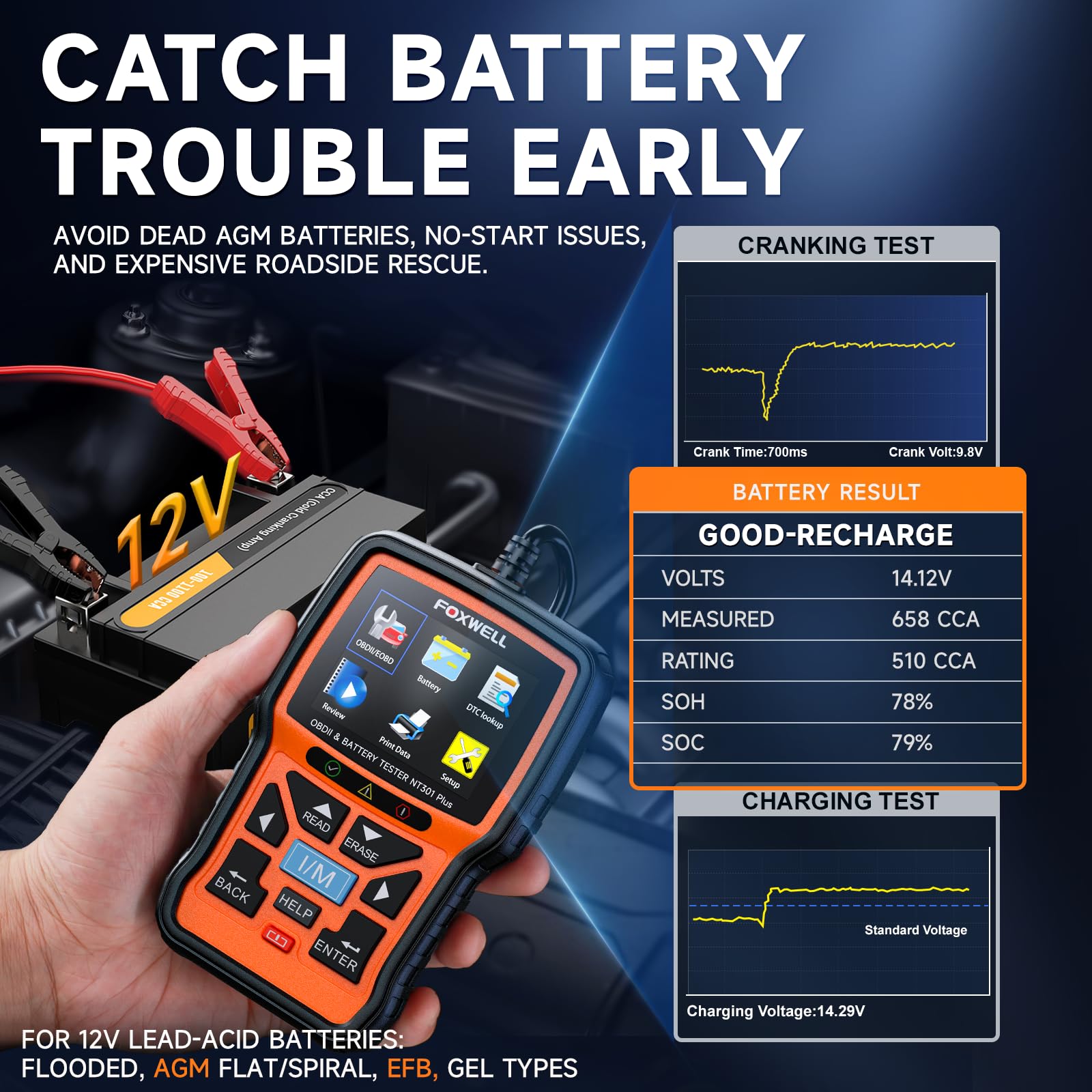 FOXWELL 2-in-1 NT301 Plus OBD2 Scanner with 12V Battery Tester, Check Engine Light Code Reader, Car Battery/Starter/Charging System Test, Live Data Diagnostic Tool for 1996+ OBDII Vehicles