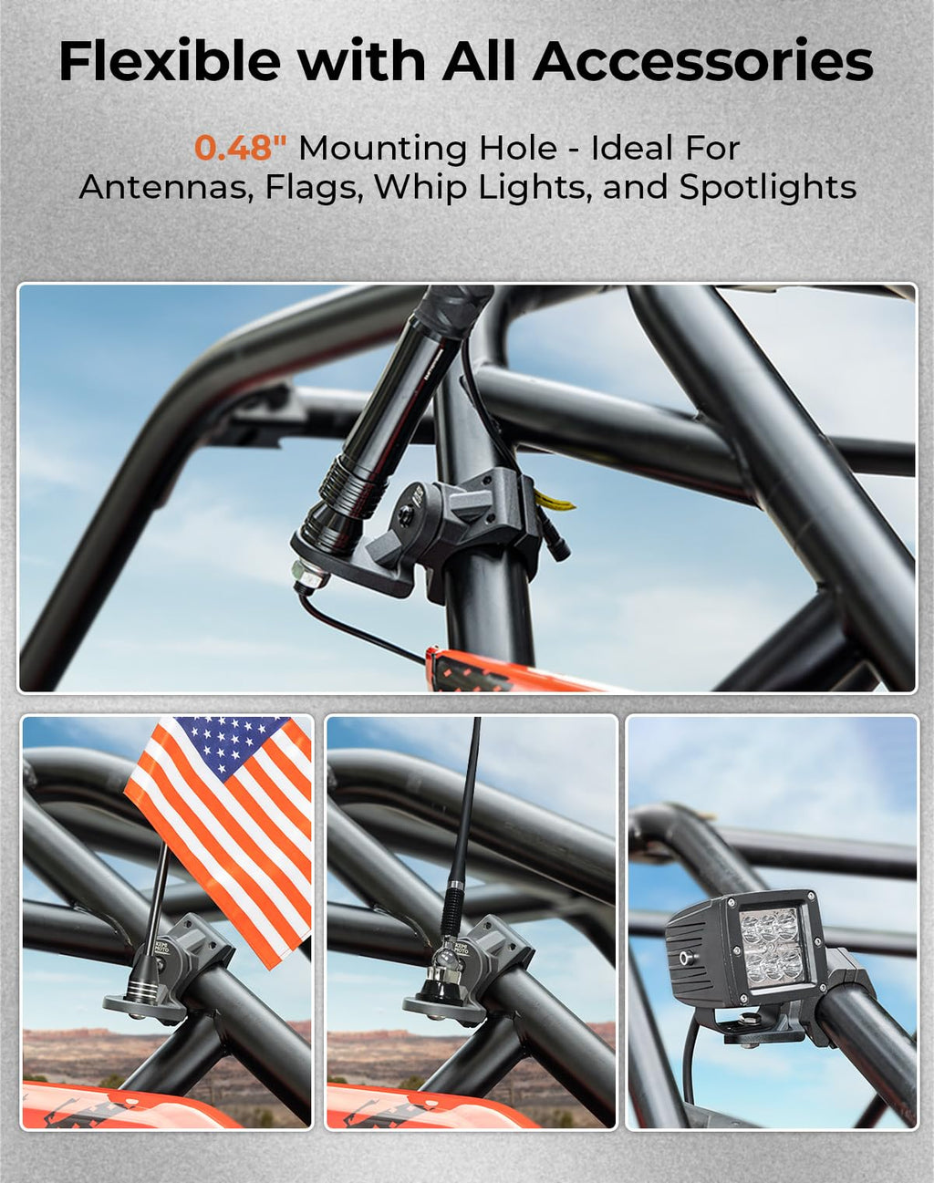 KEMIMOTO 2PCS UTV Whip Mount Flag Whip Light Mount, Heavy Duty Adjustable for 1.75-2 inch Roll Bar Cage, Compatible with RZR 900 1000 XP Pro Turbo Maverick Commander