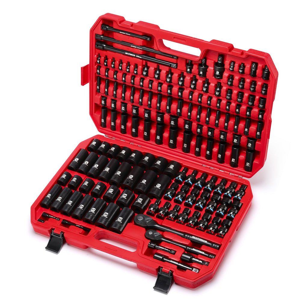 MIXPOWER 153 Pieces 1/4"&3/8"&1/2" Drive Mechanic Tool Set,Metric/SAE,6-Point,Deep and Shallow Sockets,Impact Universal Joint Swivel Sockets,Impact Socket Extension Bar