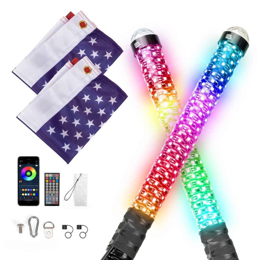 KEMIMOTO 2PCS Fat Whip Lights with Warning Light, LED Whip Lights for Side by Side, Spiral RGB Chasing Lighted Whips Compatible with UTV ATV Can-Am X3 Polaris RZR Offroad Boating, Remote & APP Control