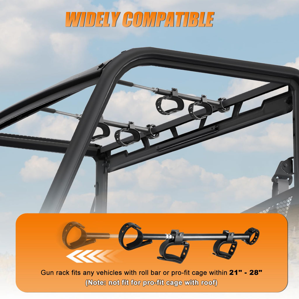 Drieaco UTV Overhead Gun Rack Fits 21-28" Spacing Roll Bars, Adjustable UTV Gun Holder Rifle Rack for Polaris Ranger Honda Pioneer Mule Uforce, Shovel Mount Bow Metal Holder Hunting Tool Roof Racks