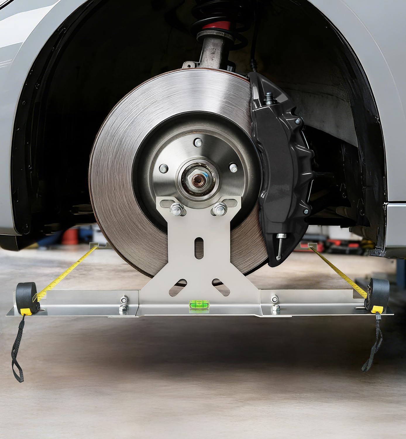 Stainless steel front wheel toe alignment tool with foldable plates and straps