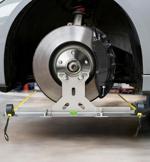 Stainless steel front wheel toe alignment tool with foldable plates and straps