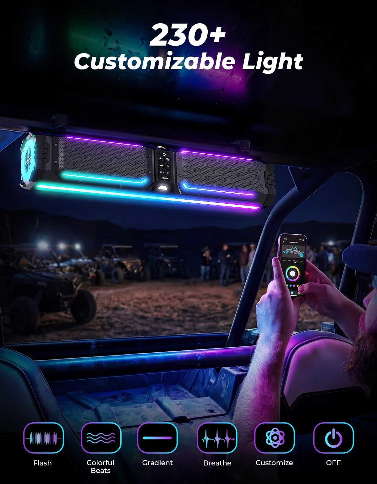 KEMIMOTO Midnight 70 Gen2 28-inch 8 Speaker UTV Sound Bar, IP66 Water Resistant Golf Cart Sound Bar Speaker System with RGB, SxS Soundbar Compatible with Polaris RZR Can-Am