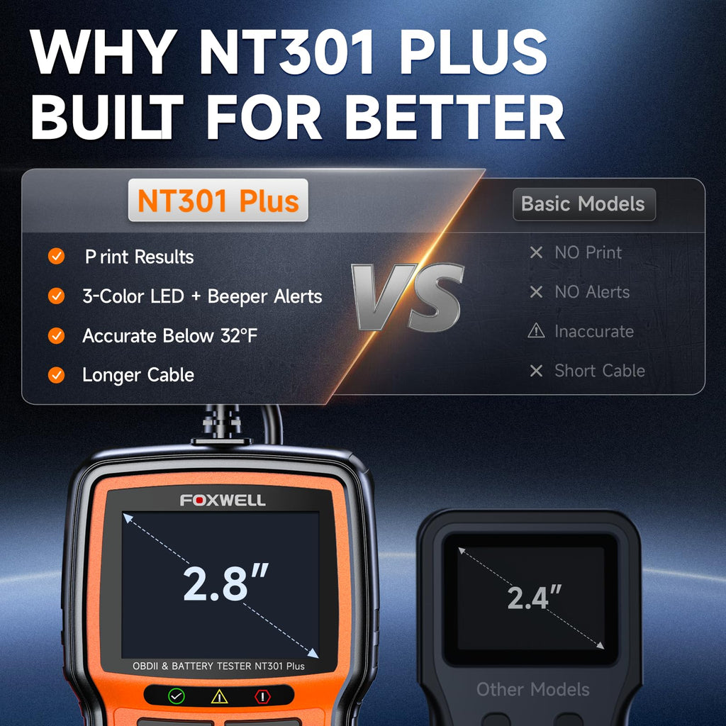 FOXWELL 2-in-1 NT301 Plus OBD2 Scanner with 12V Battery Tester, Check Engine Light Code Reader, Car Battery/Starter/Charging System Test, Live Data Diagnostic Tool for 1996+ OBDII Vehicles