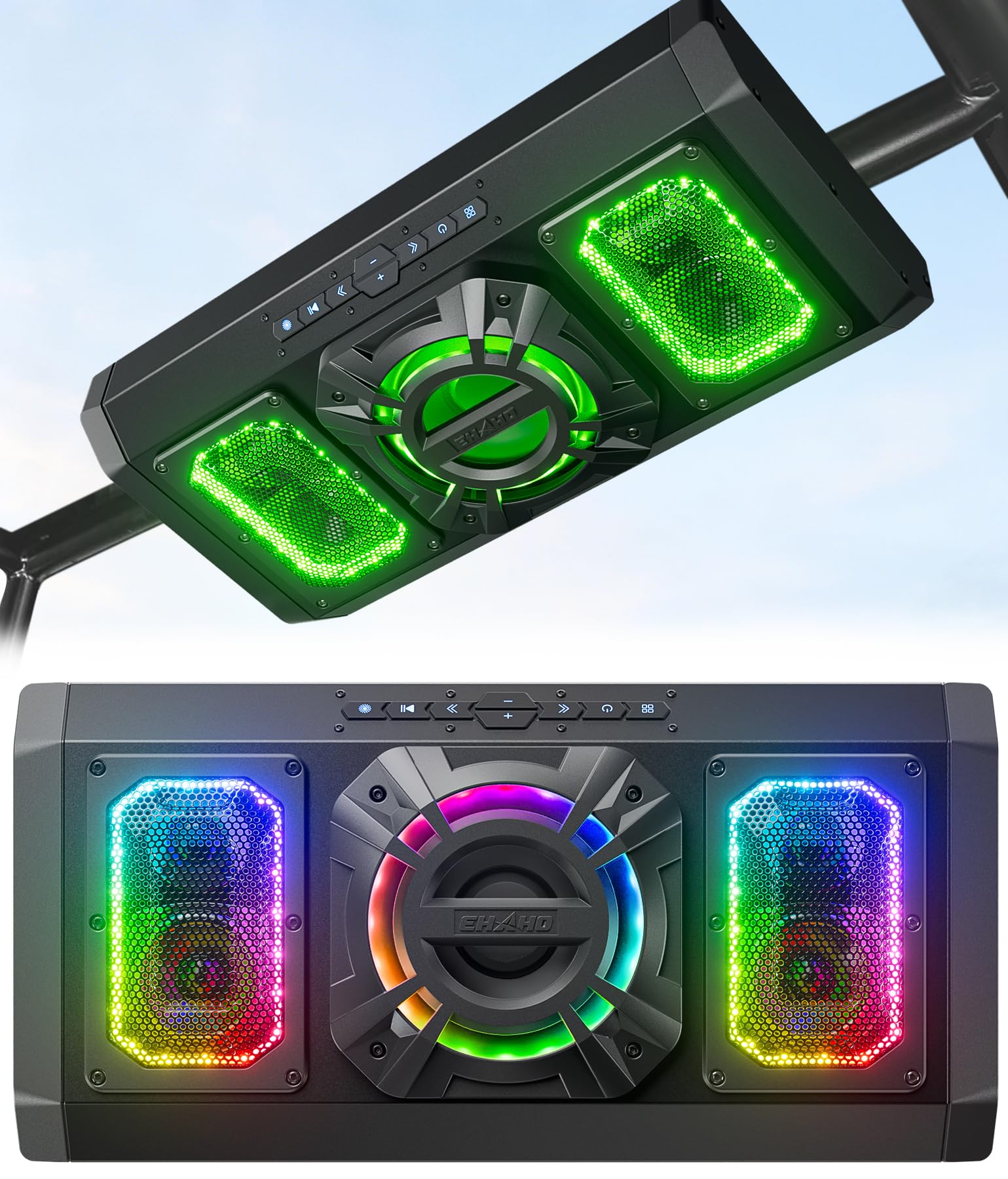 Ehaho UTV Sound Bar with 6.5 Inch Subwoofer, 19.56 Inch Aluminum Golf Cart Speaker Bluetooth Waterproof & Music Sync Multicolor RGB, ATV Soundbar Compatible with SXS Polaris RZR Can-Am