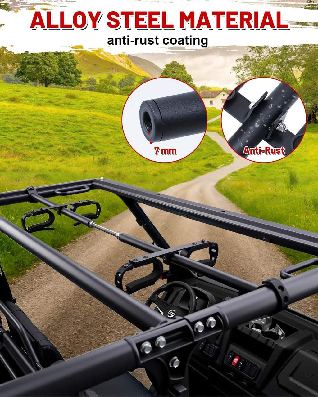 StarknightMT UTV Gun Rack, Alloy Steel Black Overhead Hunting Tool Holder Roof Mounted Adjustable Fit 48"-57" Spacing Compatible with Polaris Ranger Defender Uforce