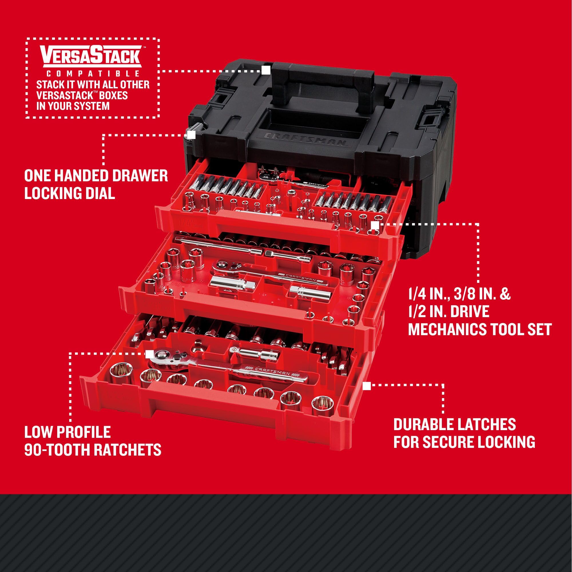 Craftsman 262-Piece Mechanic Tool Set with 3-Drawer VERSASTACK Box, SAE and Metric Socket Set, Car and Motorcycle Tool Kit with Combination Wrenches and Spark Plug Sockets, 90-Tooth (CMMT45309)