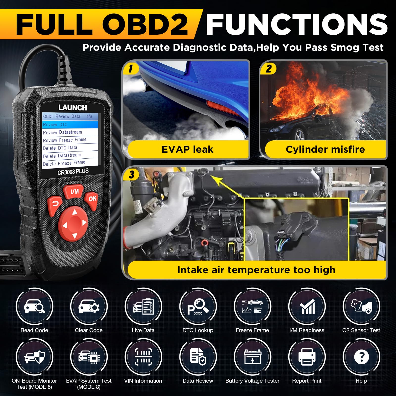 LAUNCH Professional OBD2 Scanner Diagnostic Tool CR3008 Plus,One-Click I/M,Lifetime Update Code Reader,Enhanced Check Engine Code Reader OBDII Car Scan Tool for All Vehicles After 1996,Battery Test