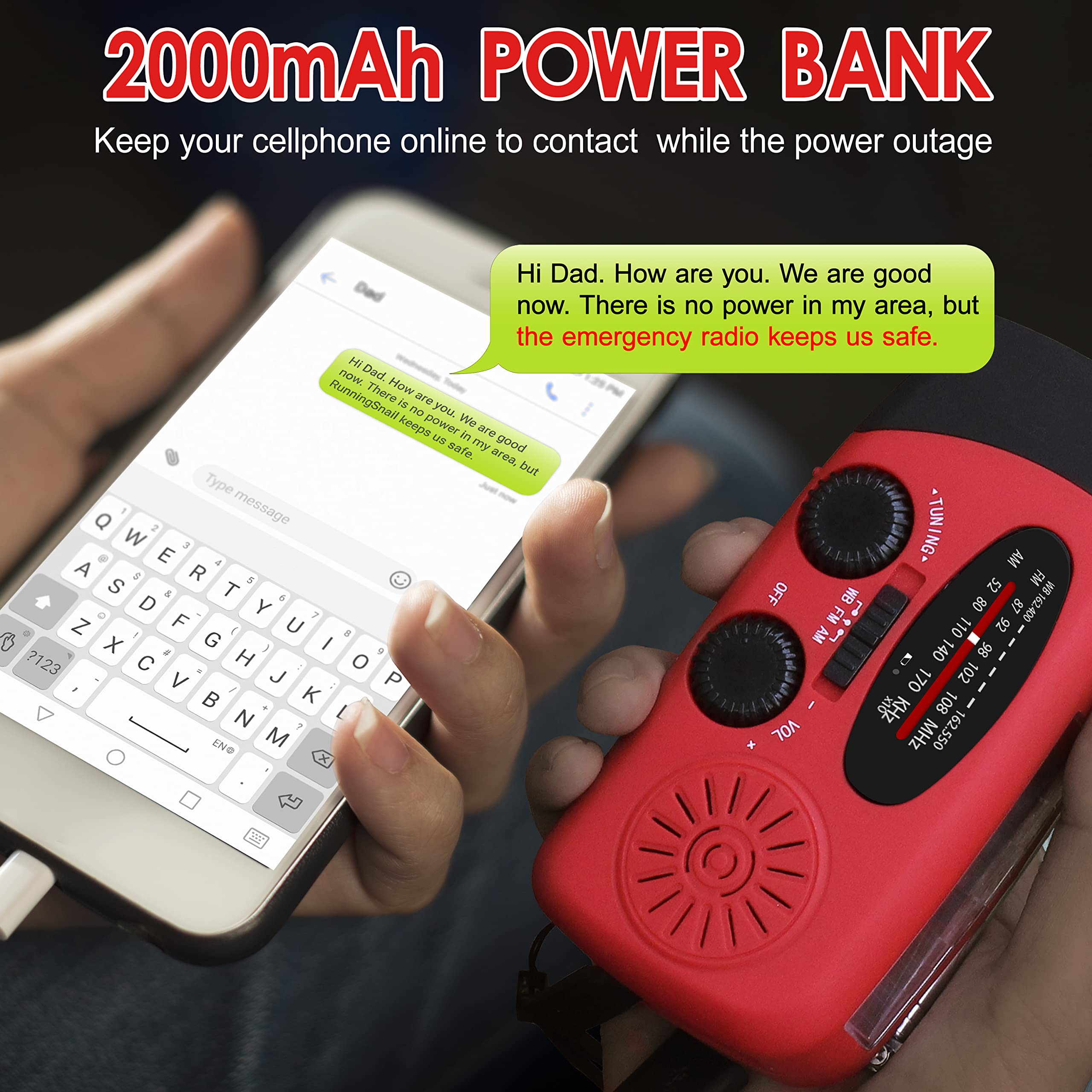 RunningSnail Emergency Hand Crank Radio With LED Flashlight For Emergency, AM/FM NOAA Portable Weather Radio With 2000mAh Power Bank Phone Charger, USB Charged & Solar Power For Camping, Emergency
