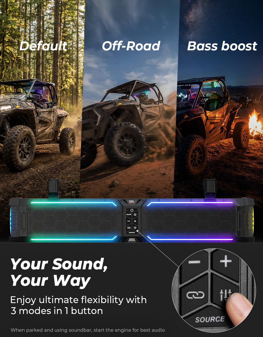 KEMIMOTO Midnight 70 Gen2 28-inch 8 Speaker UTV Sound Bar, IP66 Water Resistant Golf Cart Sound Bar Speaker System with RGB, SxS Soundbar Compatible with Polaris RZR Can-Am