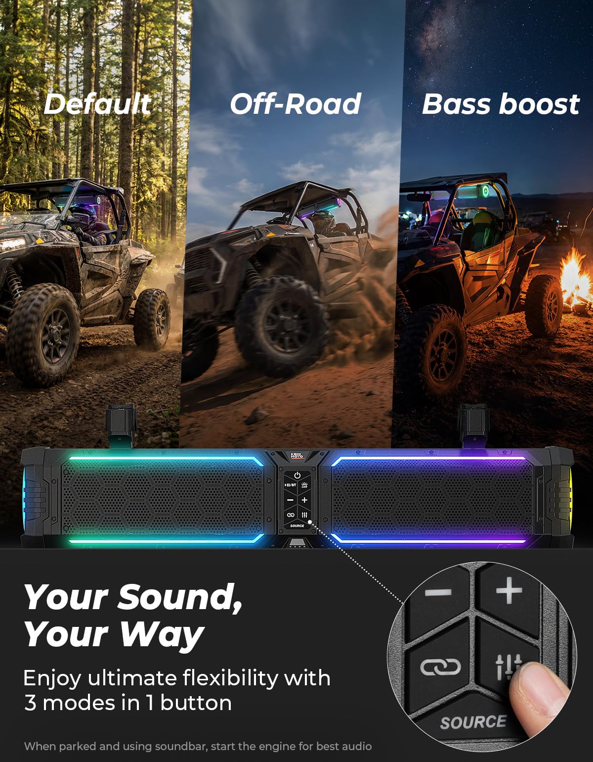 KEMIMOTO Midnight 70 Gen2 28-inch 8 Speaker UTV Sound Bar, IP66 Water Resistant Golf Cart Sound Bar Speaker System with RGB, SxS Soundbar Compatible with Polaris RZR Can-Am