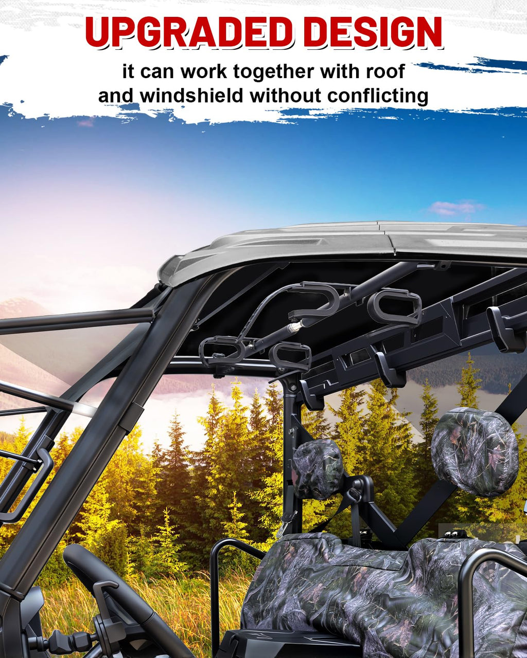 StarknightMT UTV Gun Rack, Alloy Steel Black Overhead Hunting Tool Holder Roof Mounted Adjustable Fit 48"-57" Spacing Compatible with Polaris Ranger Defender Uforce