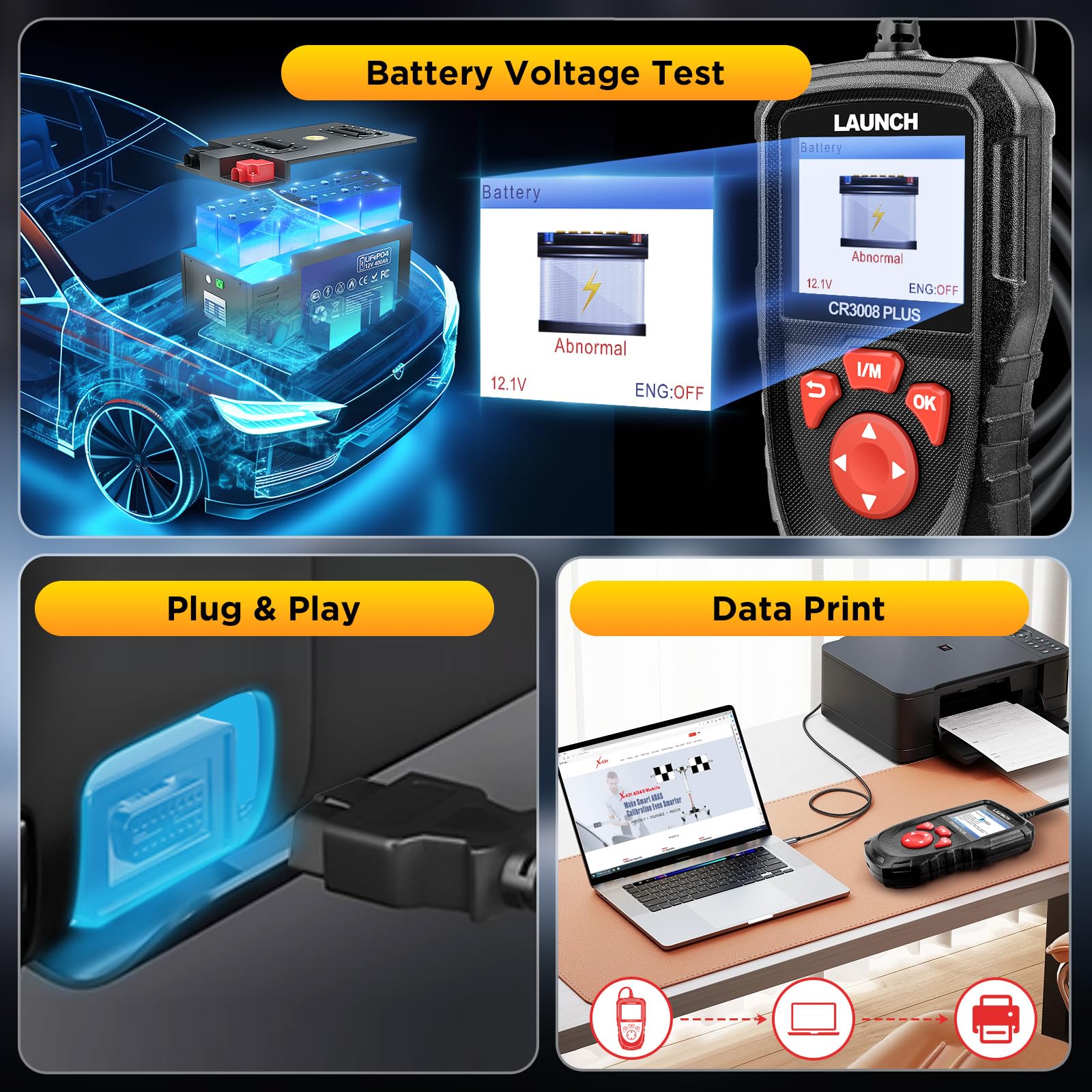 LAUNCH Professional OBD2 Scanner Diagnostic Tool CR3008 Plus,One-Click I/M,Lifetime Update Code Reader,Enhanced Check Engine Code Reader OBDII Car Scan Tool for All Vehicles After 1996,Battery Test