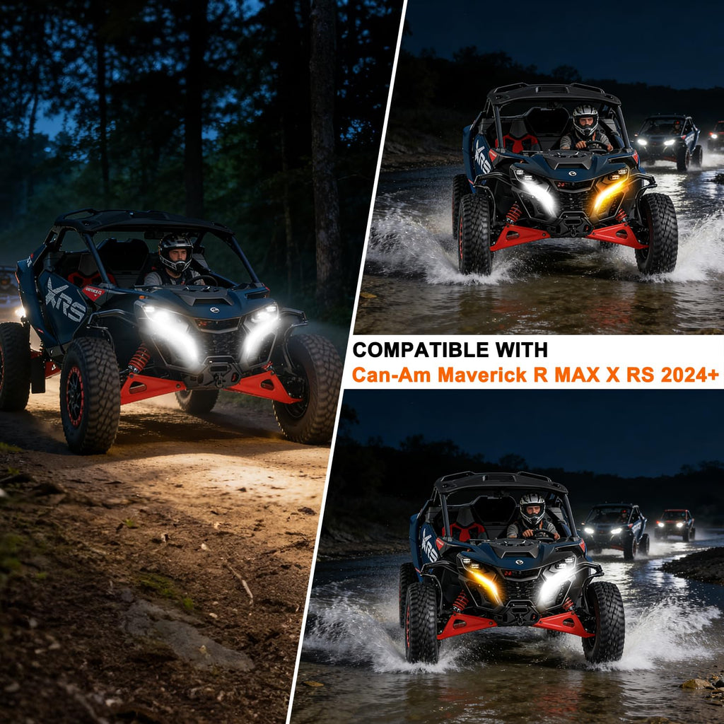 Tavaray LED Fang Lights for Can-Am Maverick R 2024-2026 MAX X RS, Front Signature Accent Lights with White DRL, Amber Turn Signals & Welcome Light, Plug & Play OEM Style UTV Lighting Kit