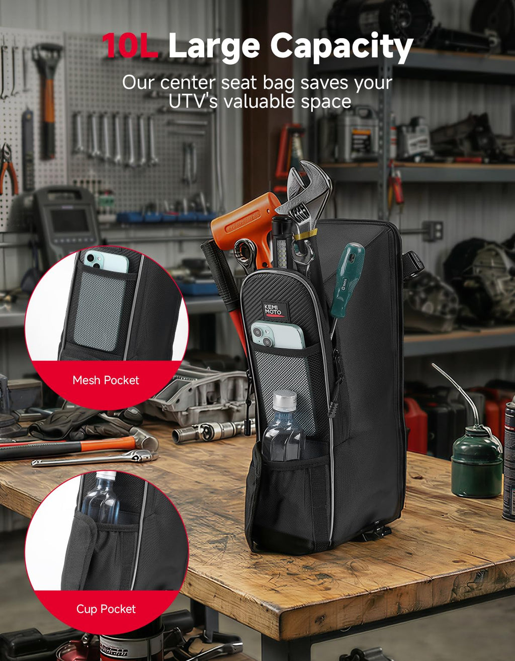 KEMIMOTO UTV Center Storage Universal Bag 10L 1680D with Cup Holder