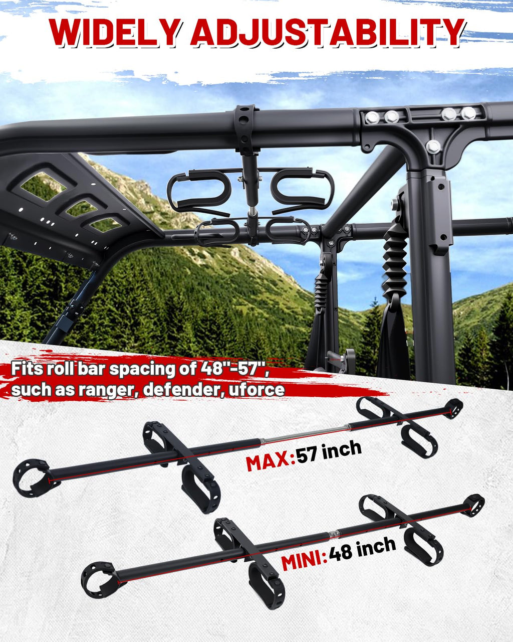 StarknightMT UTV Gun Rack, Alloy Steel Black Overhead Hunting Tool Holder Roof Mounted Adjustable Fit 48"-57" Spacing Compatible with Polaris Ranger Defender Uforce