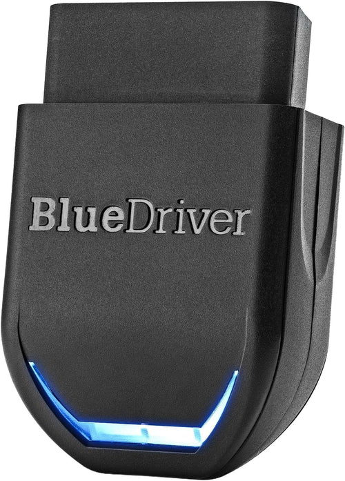 OBD2 car code scanner with BlueDriver logo and blue indicator lights