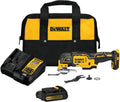 Oscillating tool kit with yellow/black tool, battery, accessories, and carrying bag