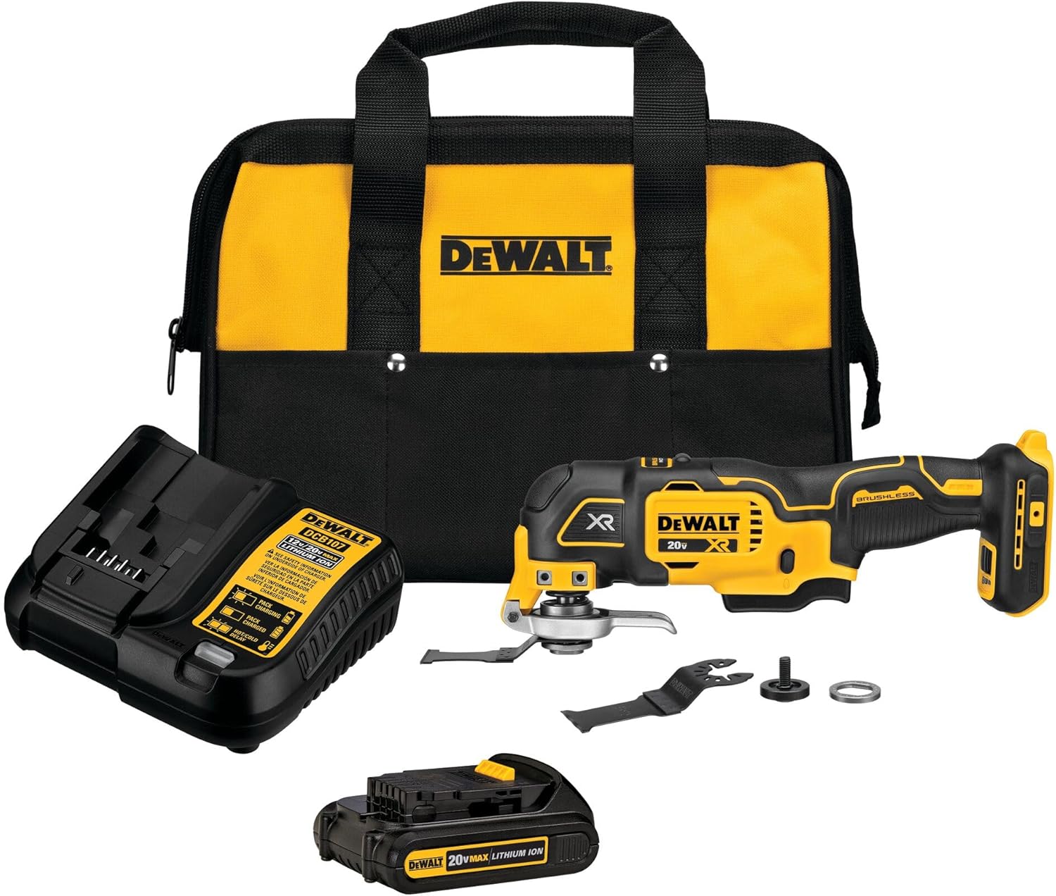 Oscillating tool kit with yellow/black tool, battery, accessories, and carrying bag
