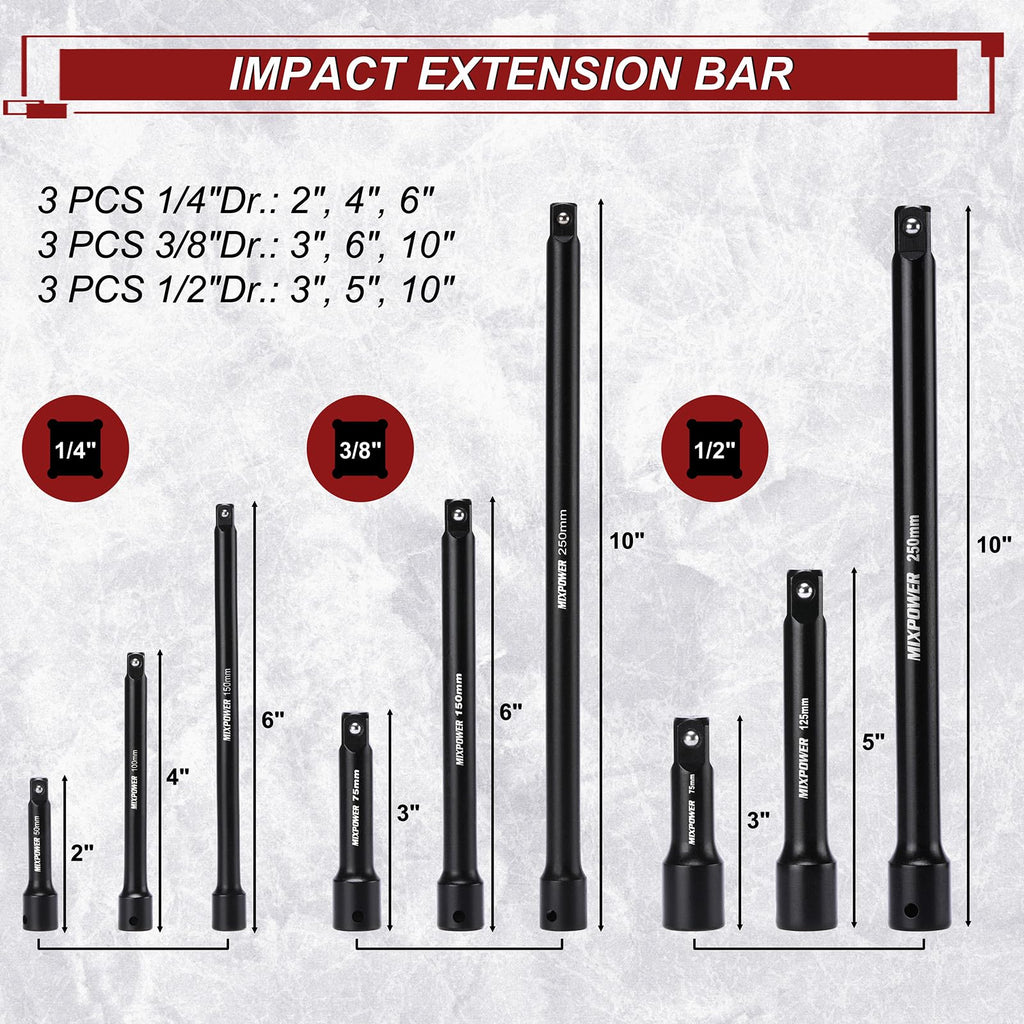 MIXPOWER 153 Pieces 1/4"&3/8"&1/2" Drive Mechanic Tool Set,Metric/SAE,6-Point,Deep and Shallow Sockets,Impact Universal Joint Swivel Sockets,Impact Socket Extension Bar