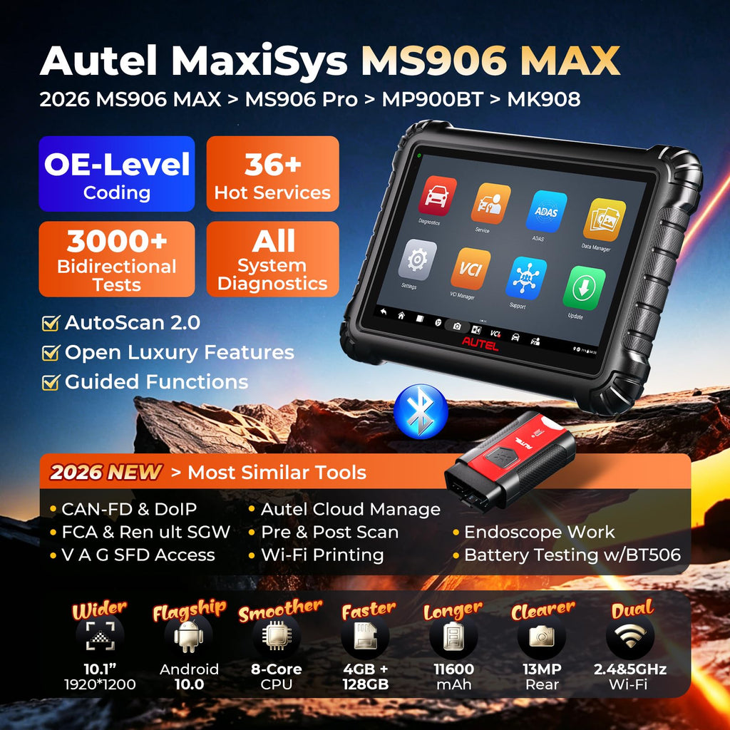 Autel Scanner MaxiSYS MS906 MAX, 2026 MS906MAX Bi-Directional Tool Up of MS906 Pro MP900BT w/ECU C0ding, DoIP CANFD, FCA SGW AutAuth, All System Scan, 40+ Service 3000+ Active Tests as MS908S PRO II