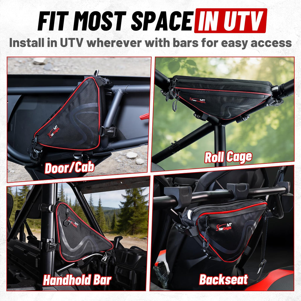 StarknightMT 2 Pcs UTV Roll Bar Bag, Universal Water Resistant SXS Triangle Storage for Overhead/Roof/Door/1.75-2" Standard Cage, Compatible with Polaris RZR, Ranger, Can Am X3 Commander Defender