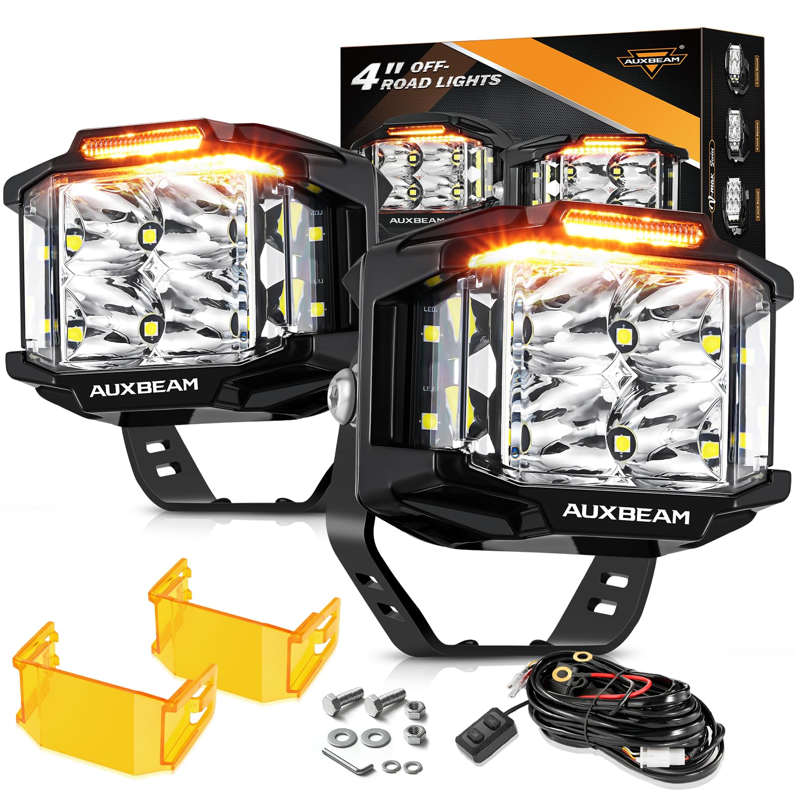 Auxbeam 4" 92W Cube LED Pod with Amber DRL, V-MAX Series Offroad Pod Lights with Side Shooter & Amber Covers, Offroad LED Cube Offroad Square Light 270°Combo Beam Auxiliary Light for Truck Jeep ATV